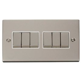Click VPPN416WH Deco Pearl Nickel Ingot 6 Gang 10AX 2 Way Plate Switch - White Insert