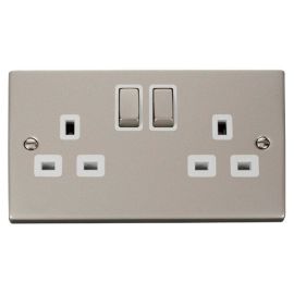 Click VPPN536WH Deco Pearl Nickel Ingot 2 Gang 13A 2 Pole Switched Socket - White Insert