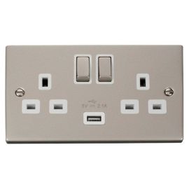 Click VPPN570WH Deco Pearl Nickel Ingot 2 Gang 13A 1x USB-A 2.1A Switched Socket - White Insert