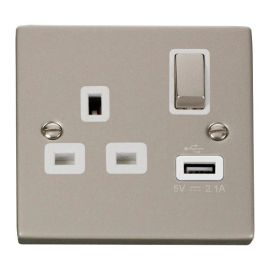Click VPPN571WH Deco Pearl Nickel Ingot 1 Gang 13A 1x USB-A 2.1A Switched Socket - White Insert image