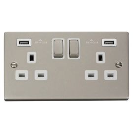 Click VPPN580WH Deco Pearl Nickel Ingot 2 Gang 13A 2x USB-A 4.2A Switched Socket - White Insert image