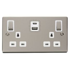 Click VPPN586WH Deco Pearl Nickel Ingot 2 Gang 13A 1x USB-A 1x USB-C 4.2A Switched Socket - White Insert