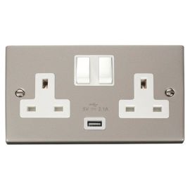 Click VPPN770WH Deco Pearl Nickel 2 Gang 13A 1x USB-A 2.1A Switched Socket - White Insert image