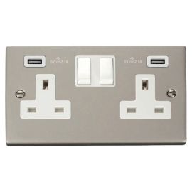 Click VPPN780WH Deco Pearl Nickel 2 Gang 13A 2x USB-A 4.2A Switched Socket - White Insert image