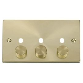 Click VPSB153PL Deco Satin Brass 3 Gang Dimmer Plate with Knob image
