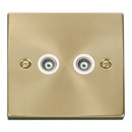 Click VPSB159WH Deco Satin Brass 2 Gang Isolated Co-Axial Socket - White Insert image