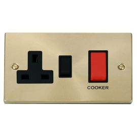 Click VPSB204BK Deco Satin Brass 45A Cooker Switch Unit with 13A 2 Pole Switched Socket - Black Insert