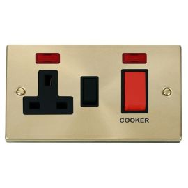 Click VPSB205BK Deco Satin Brass 45A Cooker Switch Unit with 13A 2 Pole Neon Switched Socket - Black Insert