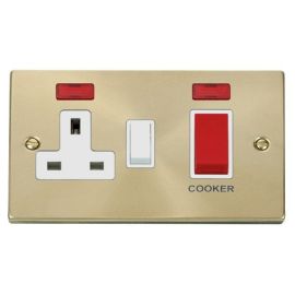 Click VPSB205WH Deco Satin Brass 45A Cooker Switch Unit with 13A 2 Pole Neon Switched Socket - White Insert