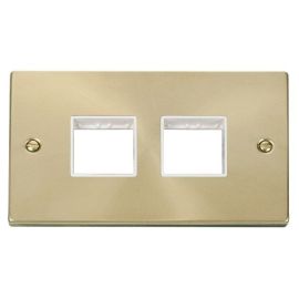 Click VPSB404WH MiniGrid Satin Brass 2 Gang 2x2 Aperture Deco Unfurnished Front Plate - White Insert image