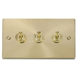 Click VPSB423 Deco Satin Brass 3 Gang 10AX 2 Way Dolly Toggle Switch image