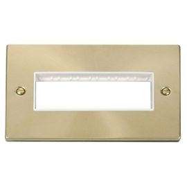 Click VPSB426WH MiniGrid Satin Brass 2 Gang 6 In-Line Aperture Deco Unfurnished Front Plate - White Insert