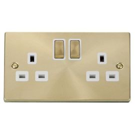 Click VPSB536WH Deco Satin Brass Ingot 2 Gang 13A 2 Pole Switched Socket - White Insert image