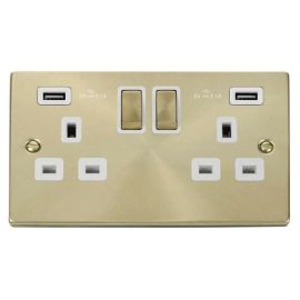 Click VPSB580WH Deco Satin Brass Ingot 2 Gang 13A 2x USB-A 4.2A Switched Socket - White Insert