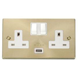 Click VPSB770WH Deco Satin Brass 2 Gang 13A 1x USB-A 2.1A Switched Socket - White Insert image