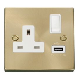 Click VPSB771WH Deco Satin Brass 1 Gang 13A 1x USB-A 2.1A Switched Socket - White Insert image