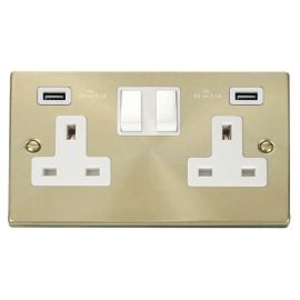 Click VPSB780WH Deco Satin Brass 2 Gang 13A 2x USB-A 4.2A Switched Socket - White Insert image