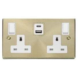 Click VPSB786WH Deco Satin Brass 2 Gang 13A 1x USB-A 1x USB-C 4.2A Switched Socket - White Insert image