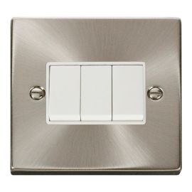 Click VPSC013WH Deco Satin Chrome 3 Gang 10AX 2 Way Plate Switch - White Insert