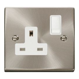 Click VPSC035WH Deco Satin Chrome 1 Gang 13A 2 Pole Switched Socket - White Insert image