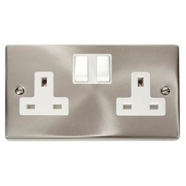 Click VPSC036WH Deco Satin Chrome 2 Gang 13A 2 Pole Switched Socket - White Insert