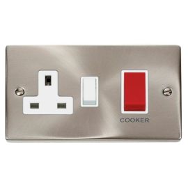 Click VPSC204WH Deco Satin Chrome 45A Cooker Switch Unit with 13A 2 Pole Switched Socket - White Insert image