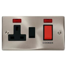 Click VPSC205BK Deco Satin Chrome 45A Cooker Switch Unit with 13A 2 Pole Neon Switched Socket - Black Insert