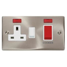 Click VPSC205WH Deco Satin Chrome 45A Cooker Switch Unit with 13A 2 Pole Neon Switched Socket - White Insert