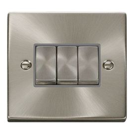 Click VPSC413GY Deco Satin Chrome Ingot 3 Gang 10AX 2 Way Plate Switch - Grey Insert