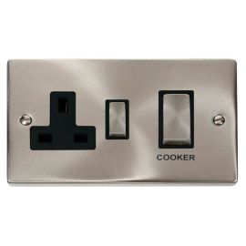 Click VPSC504BK Deco Satin Chrome Ingot 45A Cooker Switch Unit with 13A 2 Pole Switched Socket - Black Insert image