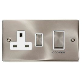 Click VPSC504WH Deco Satin Chrome Ingot 45A Cooker Switch Unit 13A 2 Pole Switched Socket - White Insert image