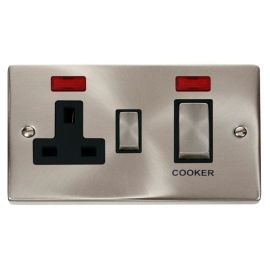 Click VPSC505BK Deco Satin Chrome Ingot 45A Cooker Switch Unit with 13A 2 Pole Neon Switched Socket - Black Insert image