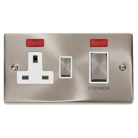 Click VPSC505WH Deco Satin Chrome Ingot 45A Cooker Switch Unit 13A 2 Pole Neon Switched Socket - White Insert