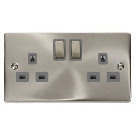 Click VPSC536GY Deco Satin Chrome Ingot 2 Gang 13A 2 Pole Switched Socket - Grey Insert