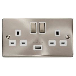 Click VPSC570WH Deco Satin Chrome Ingot 2 Gang 13A 1x USB-A 2.1A Switched Socket - White Insert image