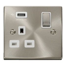 Click VPSC571UWH Deco Satin Chrome Ingot 1 Gang 13A 1x USB-A 2.1A Switched Socket - White Insert image