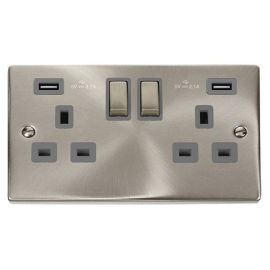 Click VPSC580GY Deco Satin Chrome Ingot 2 Gang 13A 2x USB-A 4.2A Switched Socket - Grey Insert