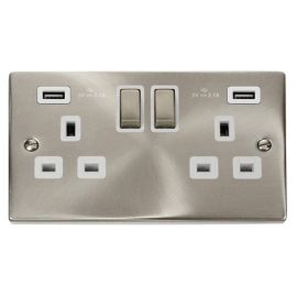 Click VPSC580WH Deco Satin Chrome Ingot 2 Gang 13A 2x USB-A 4.2A Switched Socket - White Insert