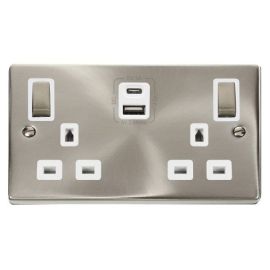Click VPSC586WH Deco Satin Chrome Ingot 2 Gang 13A 1x USB-A 1x USB-C 4.2A Switched Socket - White Insert image