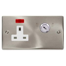Click VPSC675WH Deco Satin Chrome 1 Gang Double-Plate 13A 2 Pole Neon Lockable Socket - White Insert image