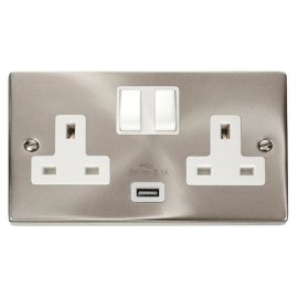 Click VPSC770WH Deco Satin Chrome 1 Gang 13A 1x USB-A 4.2A Switched Socket - White Insert