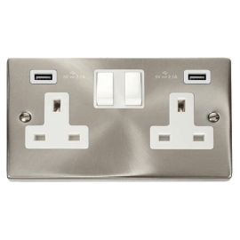 Click VPSC780WH Deco Satin Chrome 2 Gang 13A 2x USB-A 4.2A Switched Socket - White Insert image