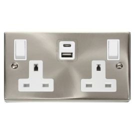 Click VPSC786WH Deco Satin Chrome 2 Gang 13A 1x USB-A 1x USB-C 4.2A Switched Socket - White Insert image