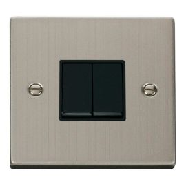 Click VPSS012BK Deco Stainless Steel 2 Gang 10AX 2 Way Plate Switch - Black Insert image