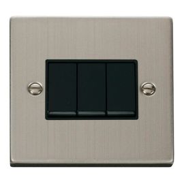 Click VPSS013BK Deco Stainless Steel 3 Gang 10AX 2 Way Plate Switch - Black Insert image