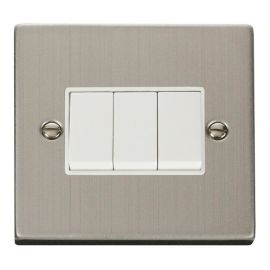 Click VPSS013WH Deco Stainless Steel 3 Gang 10AX 2 Way Plate Switch - White Insert