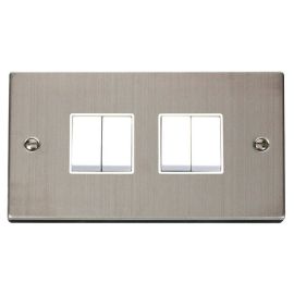 Click VPSS014WH Deco Stainless Steel 4 Gang 10AX 2 Way Plate Switch - White Insert