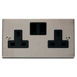 Click VPSS036BK Deco Stainless Steel 2 Gang 13A 2 Pole Switched Socket - Black Insert image