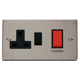 Click VPSS204BK Deco Stainless Steel 45A Cooker Switch Unit with 13A 2 Pole Switched Socket - Black Insert