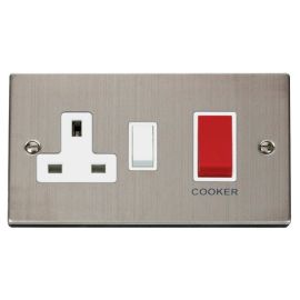 Click VPSS204WH Deco Stainless Steel 45A Cooker Switch Unit with 13A 2 Pole Switched Socket - White Insert